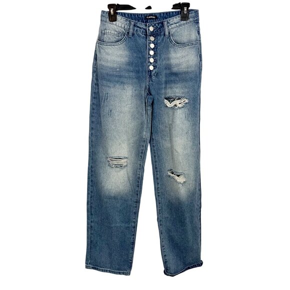 Flamingals Light Wash Distressed Denim High Rise Wide Leg Jeans Button Fly SMALL - Picture 1 of 8